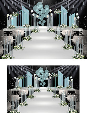 蓝白色系创意几何小清新婚礼舞台效果图浪漫