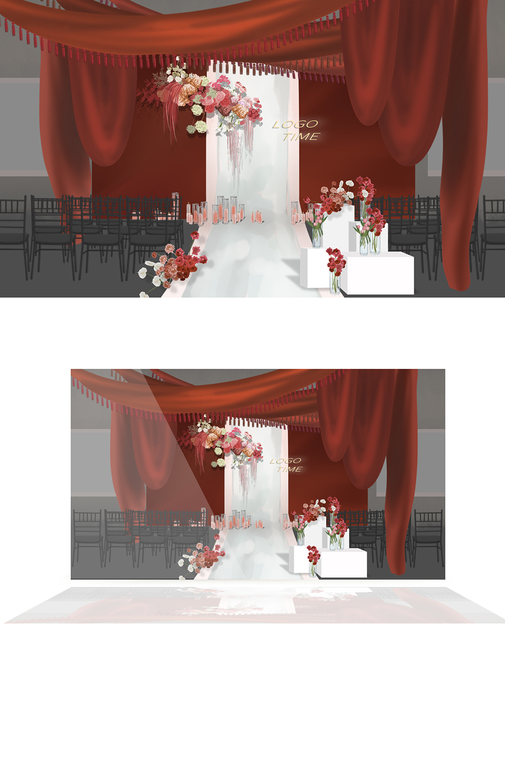 小众婚礼红色布幔吊顶中式婚礼红色花艺背景素材