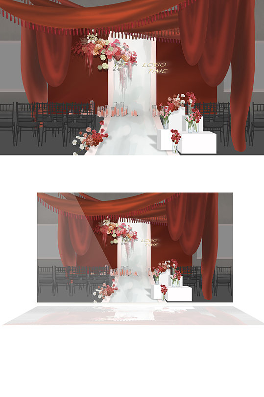 小众婚礼红色布幔吊顶中式婚礼红色花艺背景