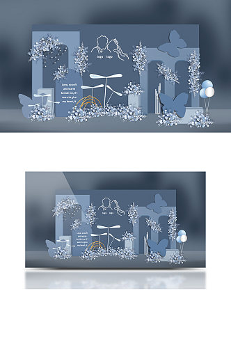 雾霾蓝色卡通动画婚礼迎宾区效果图浪漫温馨