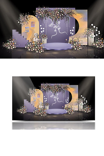 法式紫色系莫奈花园油画风婚礼效果图背景板