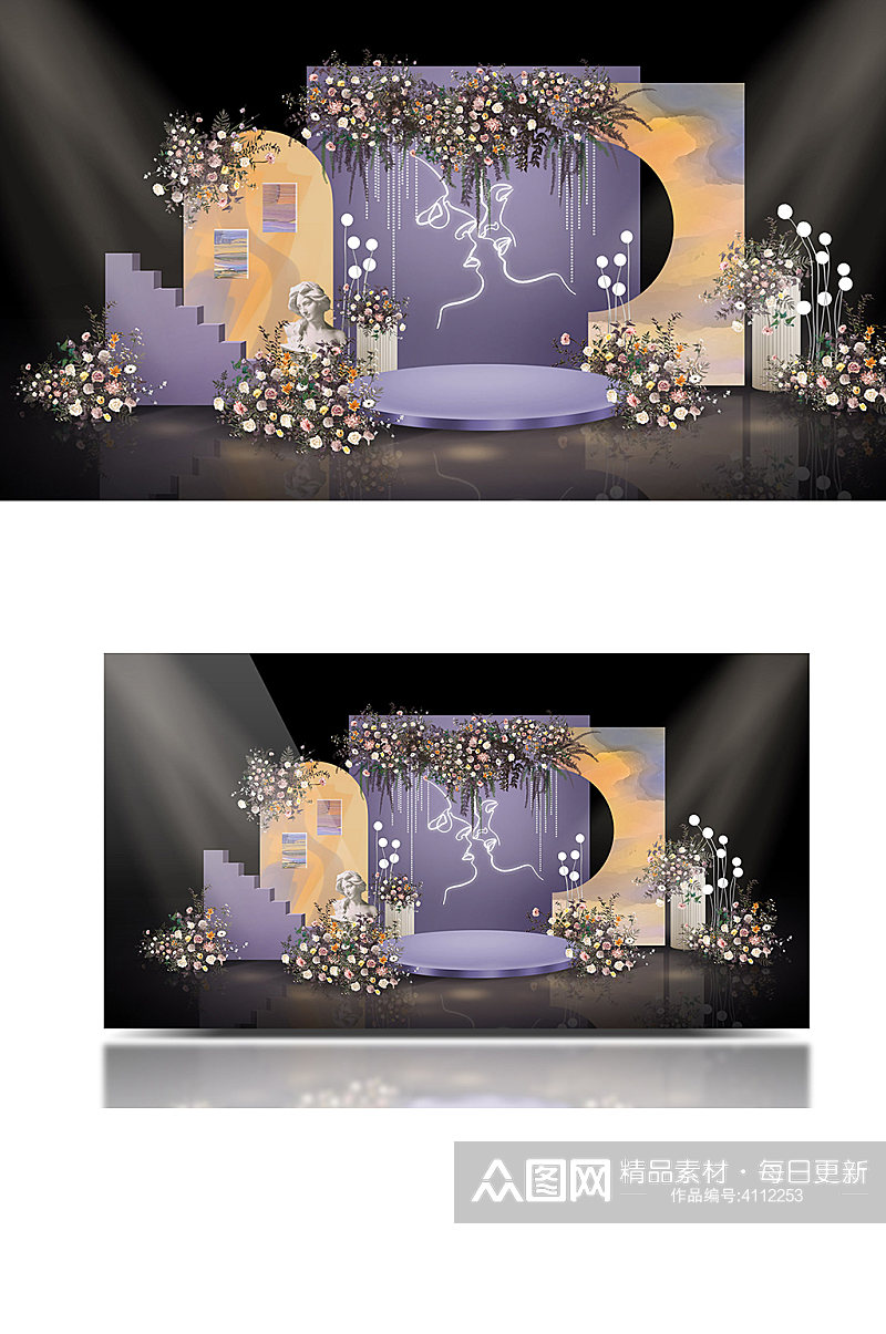 法式紫色系莫奈花园油画风婚礼效果图背景板素材