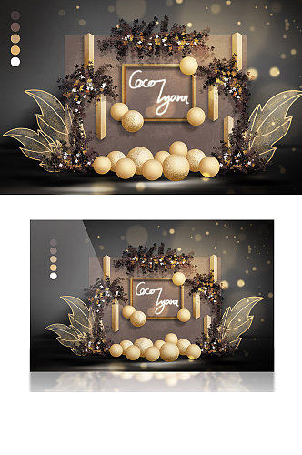 香槟金色咖色黑金风时尚叶子气球婚礼效果图