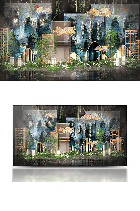 新中式复古色蓝工装效果图浪漫唯美大气-众图网