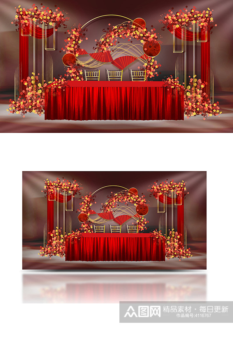 红色婚礼签到桌效果图设计中国风浪漫大气素材