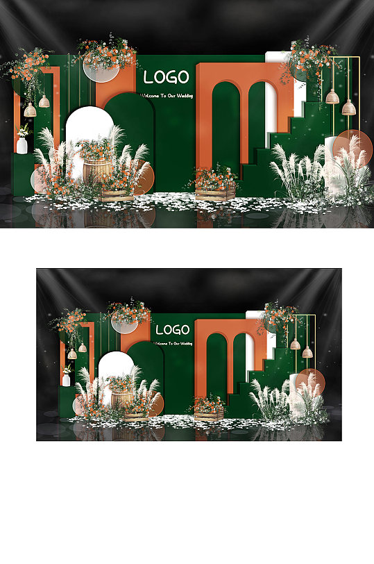 墨绿色橙色简约撞色婚礼效果图合影背景板-众图网
