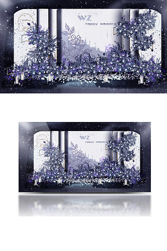蓝紫色梦幻婚礼合影区效果图浪漫温馨背景板