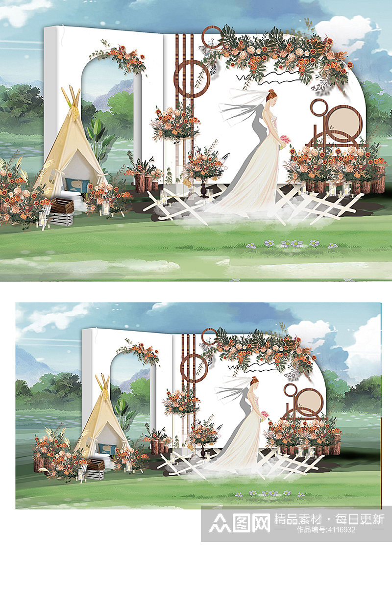 原创秋色系婚礼迎宾区效果图户外草坪浪漫素材