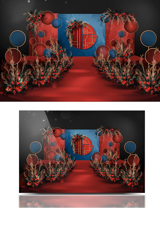 红蓝撞色中国风新中式国潮风婚礼效果图舞台