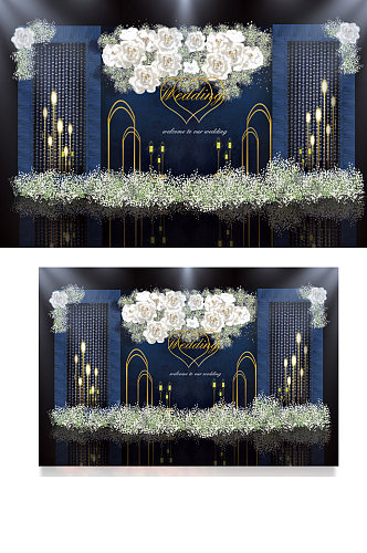 深蓝色质感婚礼迎宾区背景效果图背景板