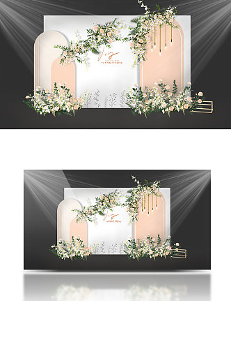 婚礼合影区LOGO字体粉白色清新背景板