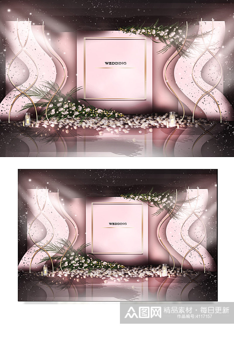 粉色婚礼合影区效果图背景板清新可爱温馨素材