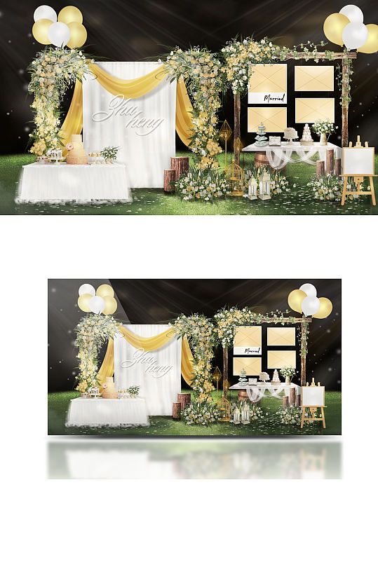 户外黄色清新婚礼蛋糕区效果图浪漫绿色草坪-众图网