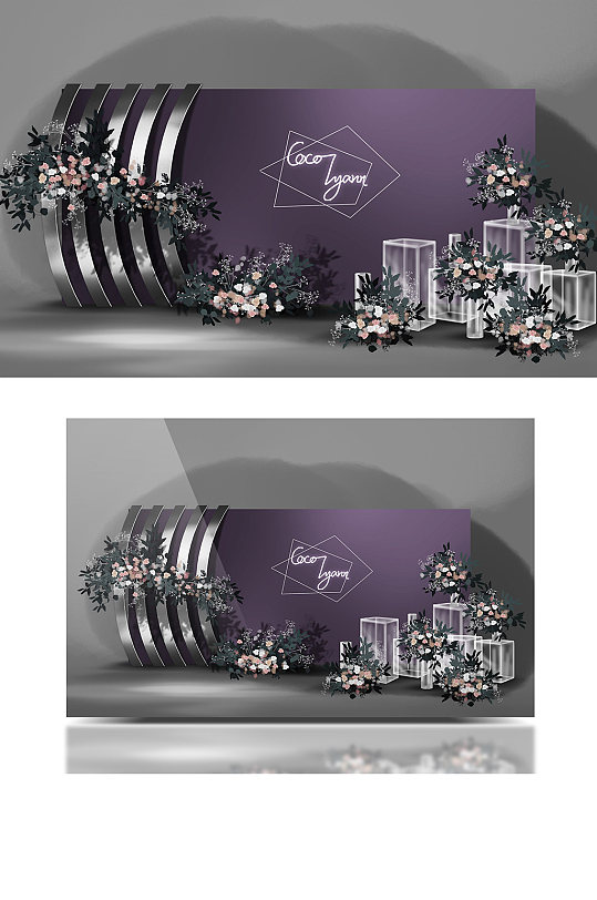 深紫色银白色高端时尚婚礼效果图迎宾区背景-众图网