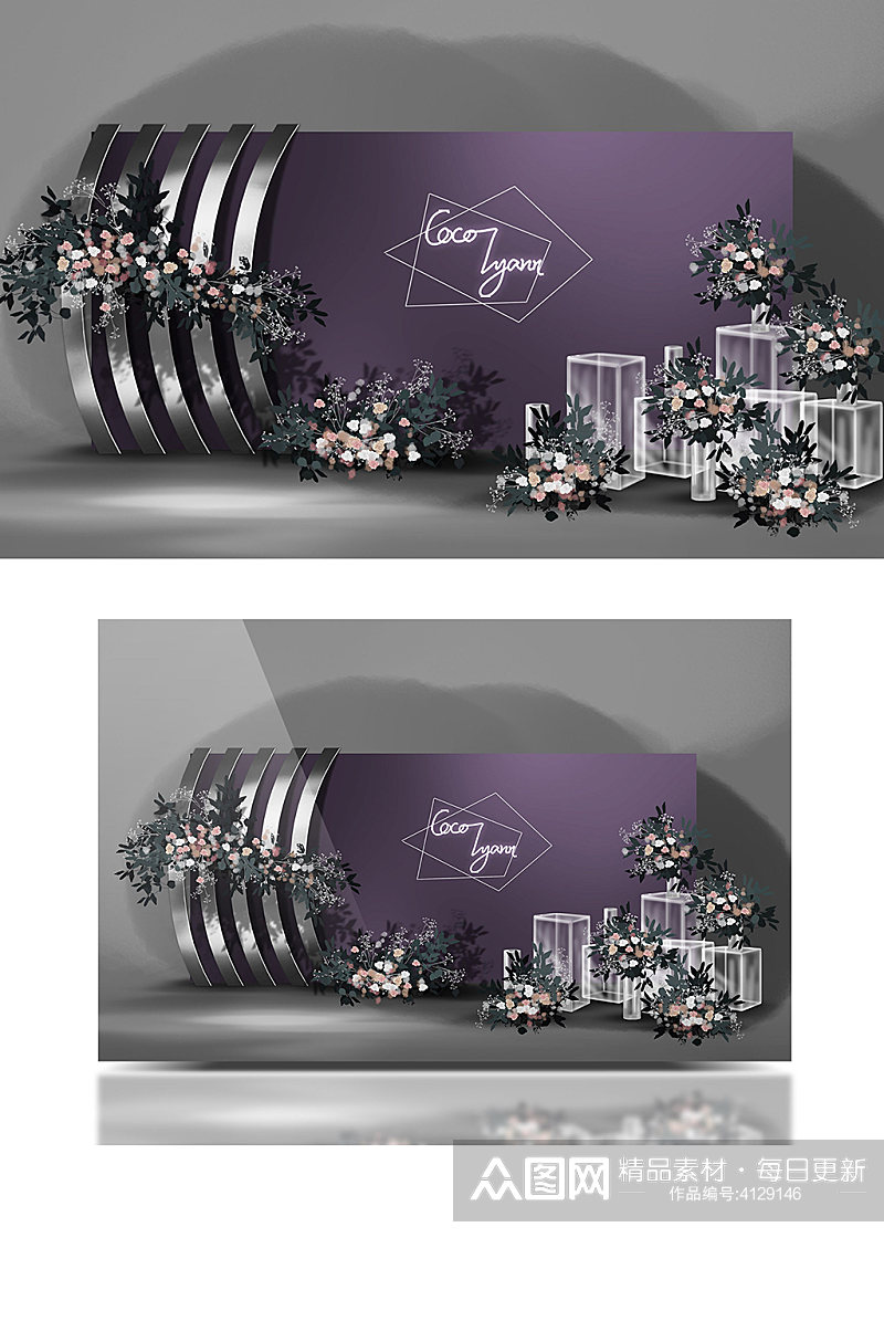 深紫色银白色高端时尚婚礼效果图迎宾区背景素材