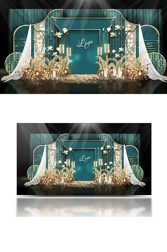 原创莫兰迪清新中式婚礼效果图绿色背景板