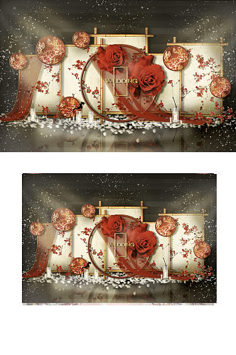 中式婚礼合影区效果图背景板红色大气浪漫
