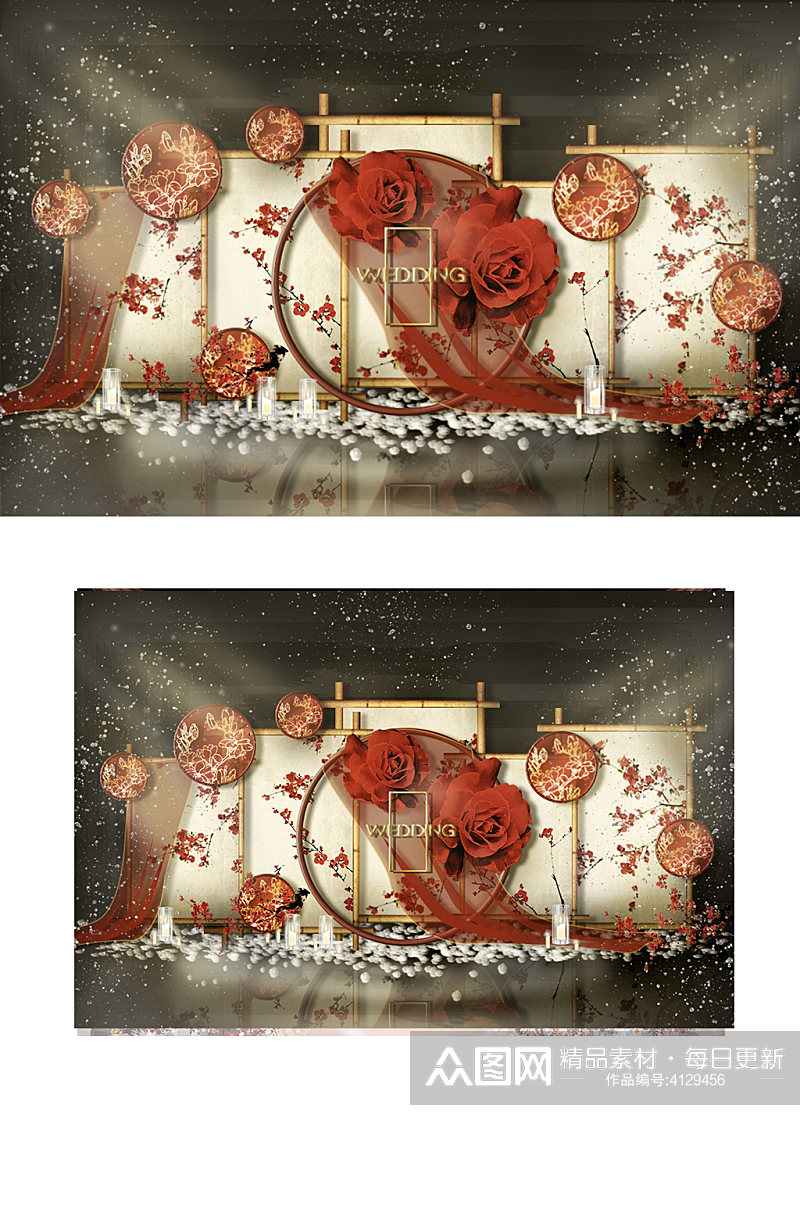 中式婚礼合影区效果图背景板红色大气浪漫素材