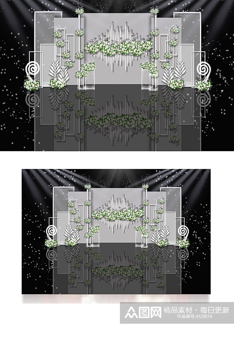 浅灰白绿小清新婚礼迎宾区效果图背景板合影素材