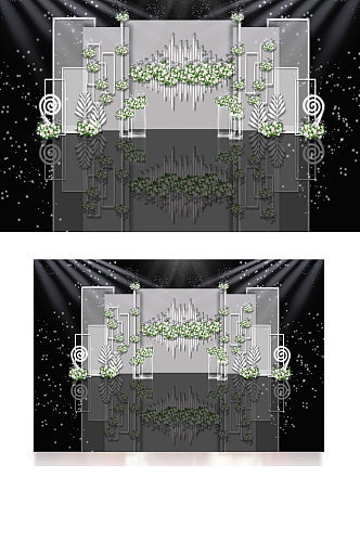 浅灰白绿小清新婚礼迎宾区效果图背景板合影