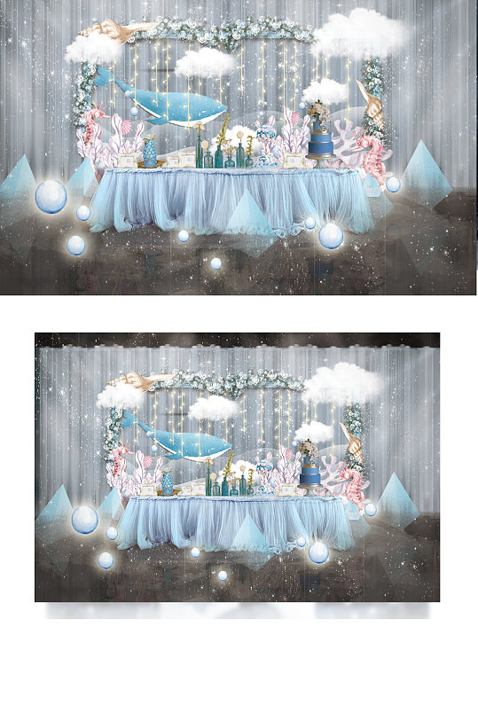 海洋蓝色夏日婚礼甜品区工装效果图可爱