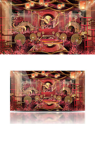 中式古桥红金色婚礼舞台效果图大气浪漫