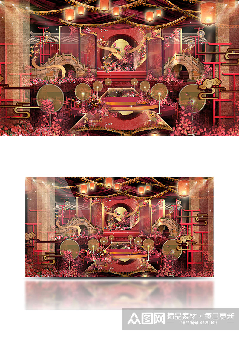 中式古桥红金色婚礼舞台效果图大气浪漫素材