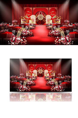 梦幻中式新中式拱门婚礼效果图舞台大气