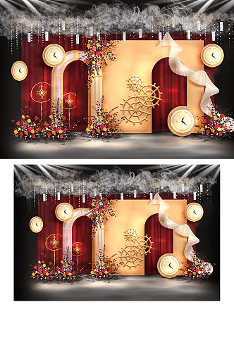 原创复古齿轮红金宫廷风婚礼迎宾效果图背景