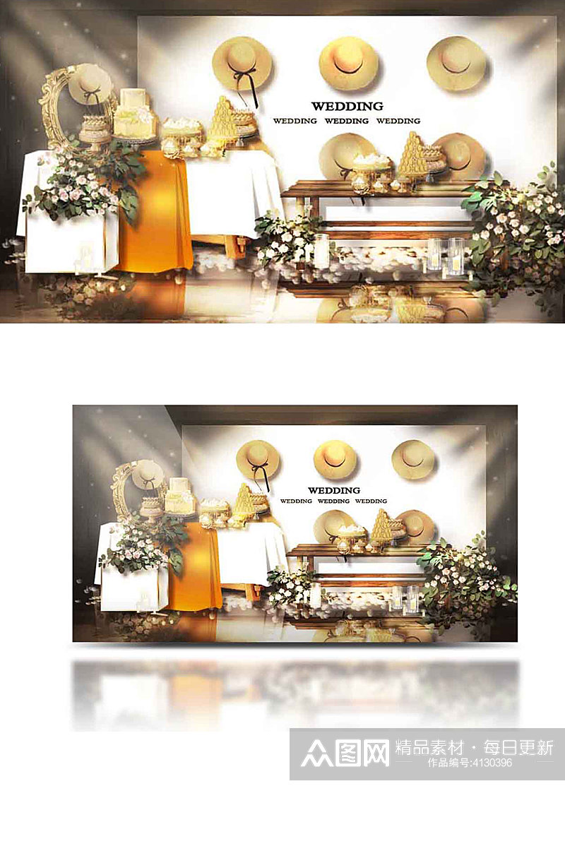 黄白色婚礼合影区效果图浪漫大气橙色背景素材