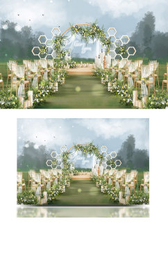 简约清新黄白绿色艺术风户外草坪婚礼效果图