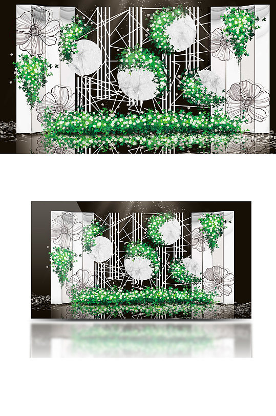 绿色花纹背景图浪漫婚礼背景板效果图合影区