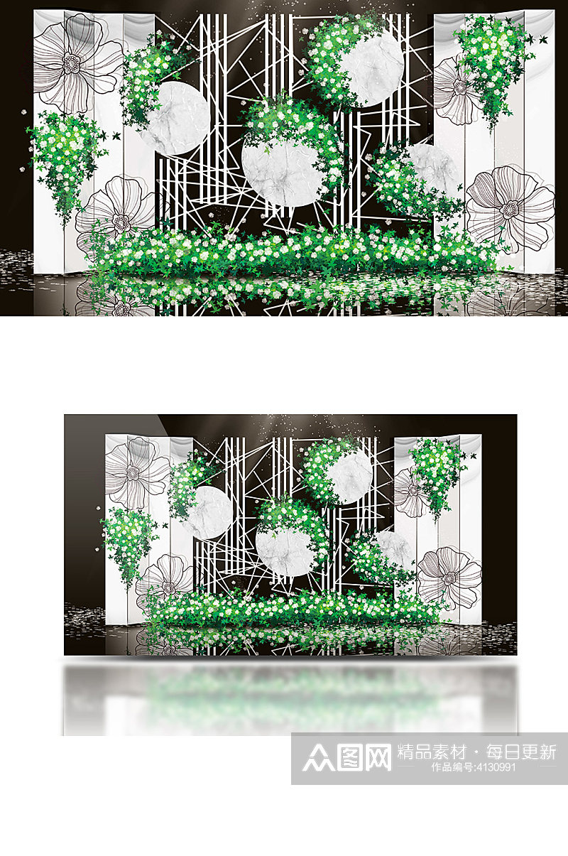 绿色花纹背景图浪漫婚礼背景板效果图合影区素材