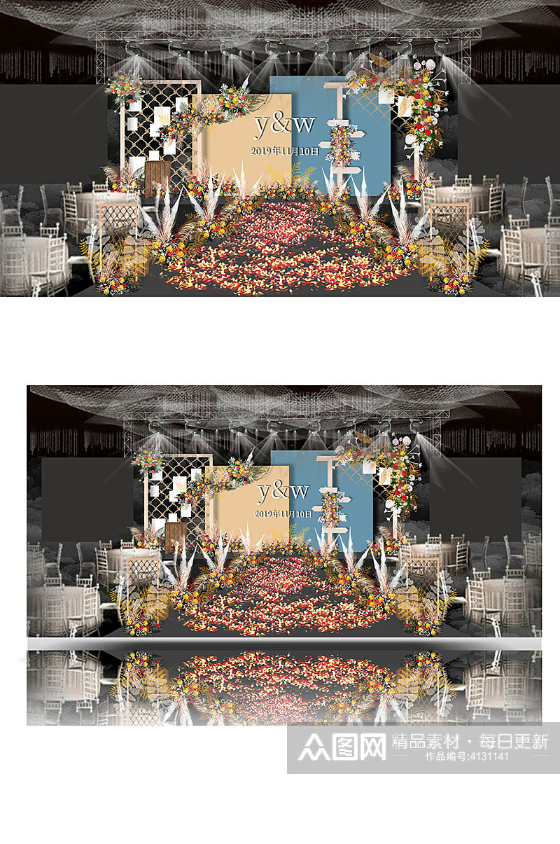 橘色婚礼效果图设计蓝色撞色背景舞台素材
