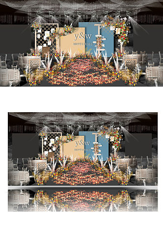 橘色婚礼效果图设计蓝色撞色背景舞台