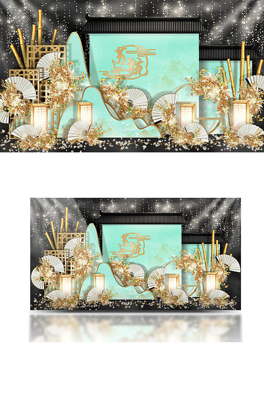 浅绿色新中式婚礼效果图浪漫大气温馨背景板-众图网