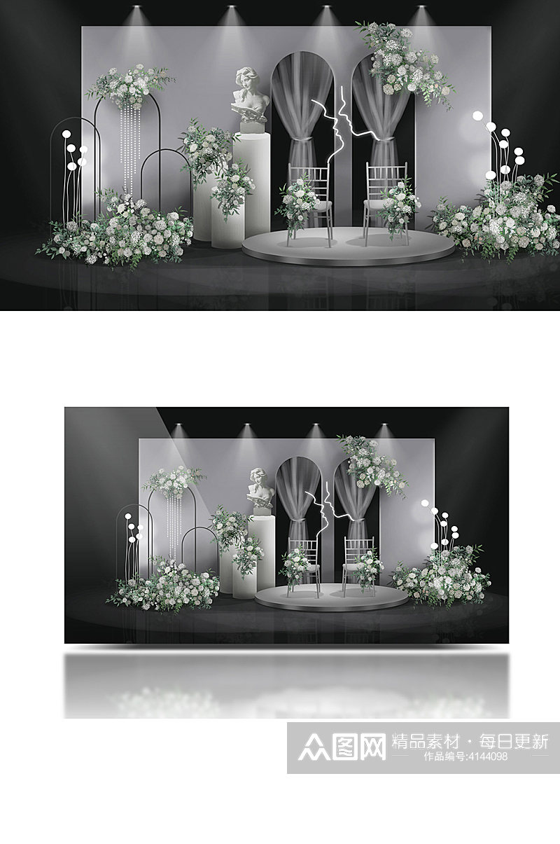 韩式白绿色系小清新婚礼效果图清新背景板素材