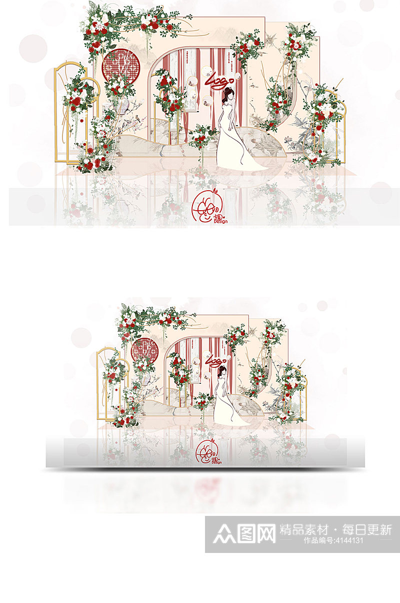新中式红白撞色典雅婚礼效果图厅外浪漫素材