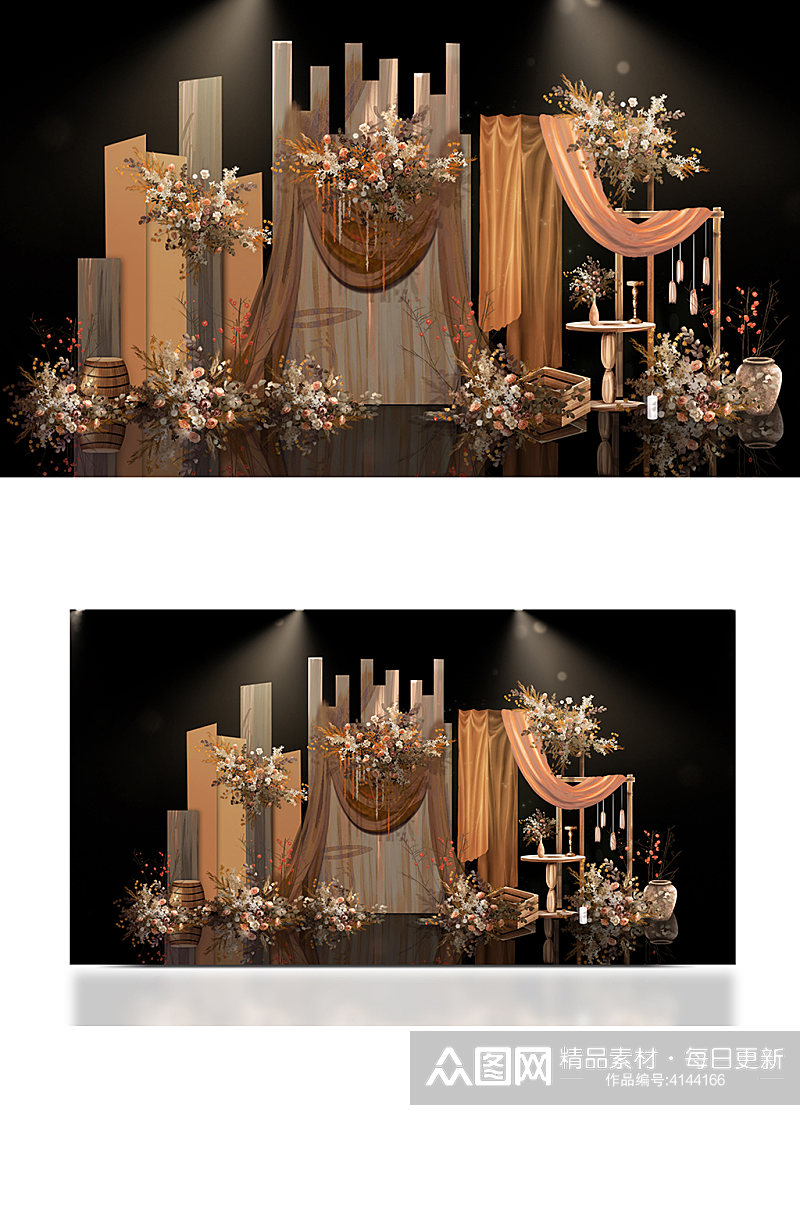 橘色木质婚礼设计复古浪漫迎宾背景板素材