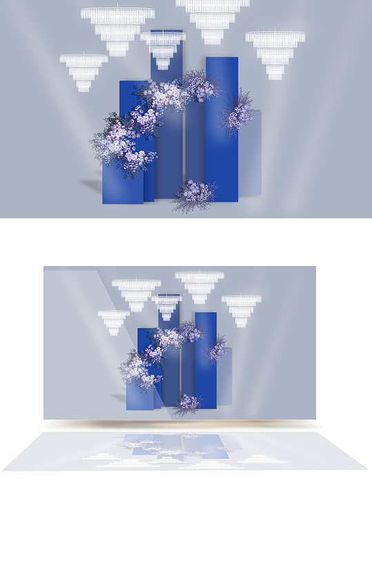 蓝色梦幻婚礼花艺水晶灯组合室内婚礼背景板
