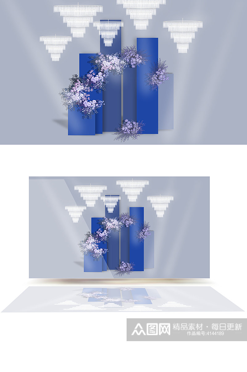 蓝色梦幻婚礼花艺水晶灯组合室内婚礼背景板素材