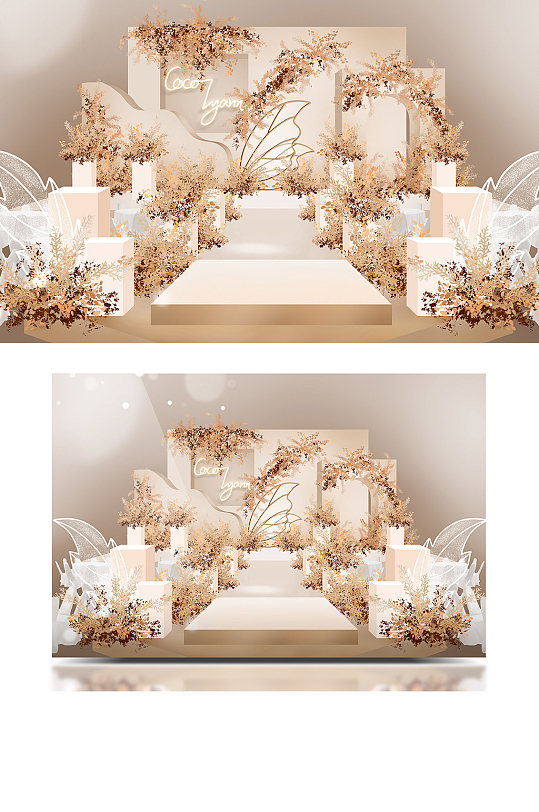 香槟色洞穴风梦幻仙女翅膀婚礼效果图舞台-众图网