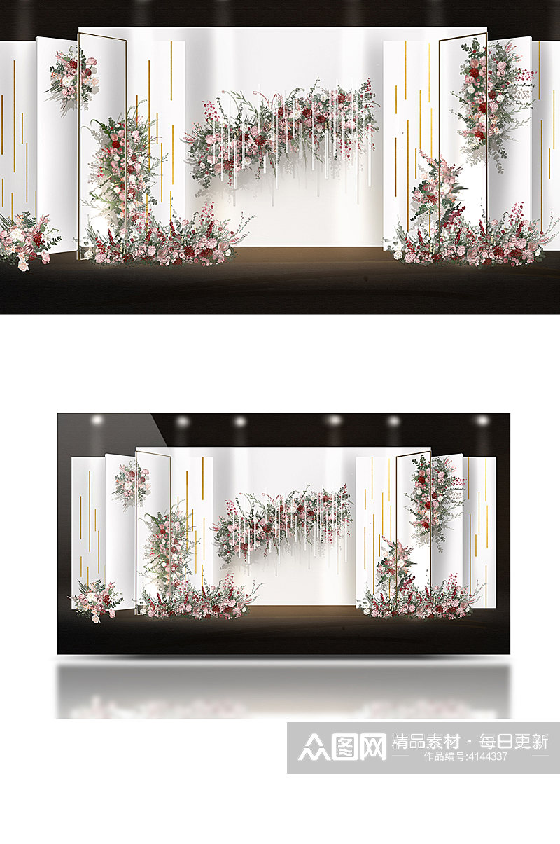 小清新手绘红白泰式简约婚礼效果图背景板素材