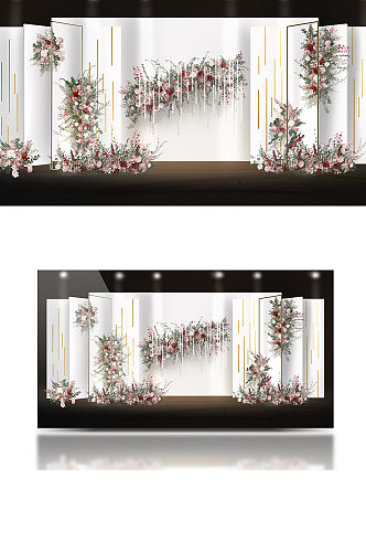 小清新手绘红白泰式简约婚礼效果图背景板