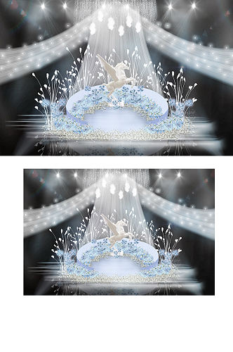 蓝色花海圆舞台宫廷羽毛纱幔雕塑婚礼效果图