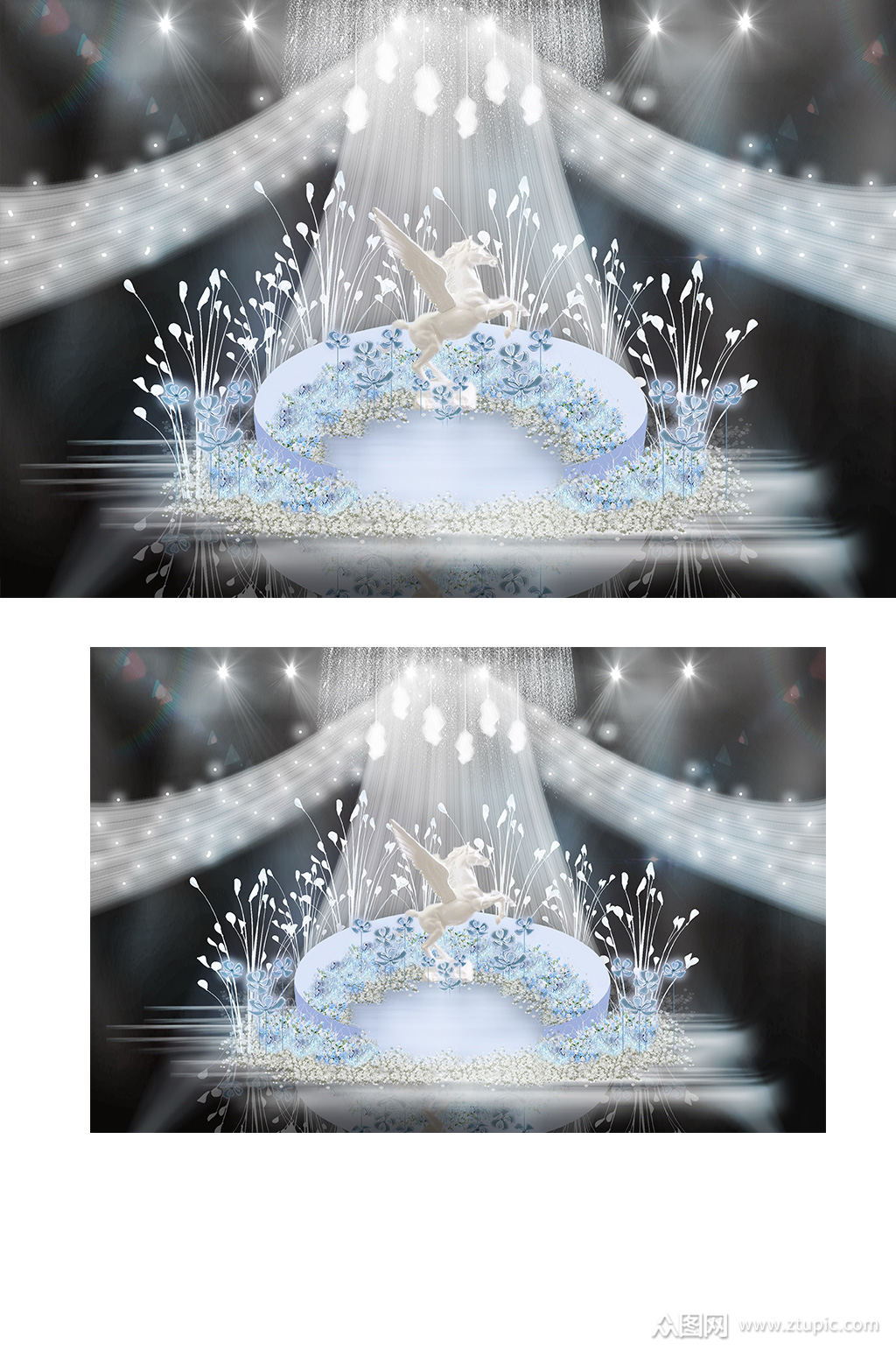 蓝色花海圆舞台宫廷羽毛纱幔雕塑婚礼效果图素材