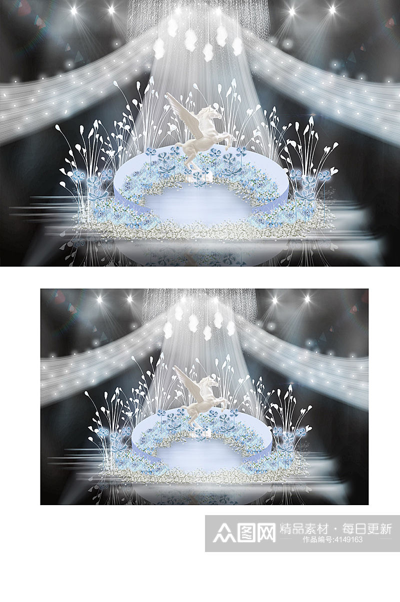 蓝色花海圆舞台宫廷羽毛纱幔雕塑婚礼效果图素材