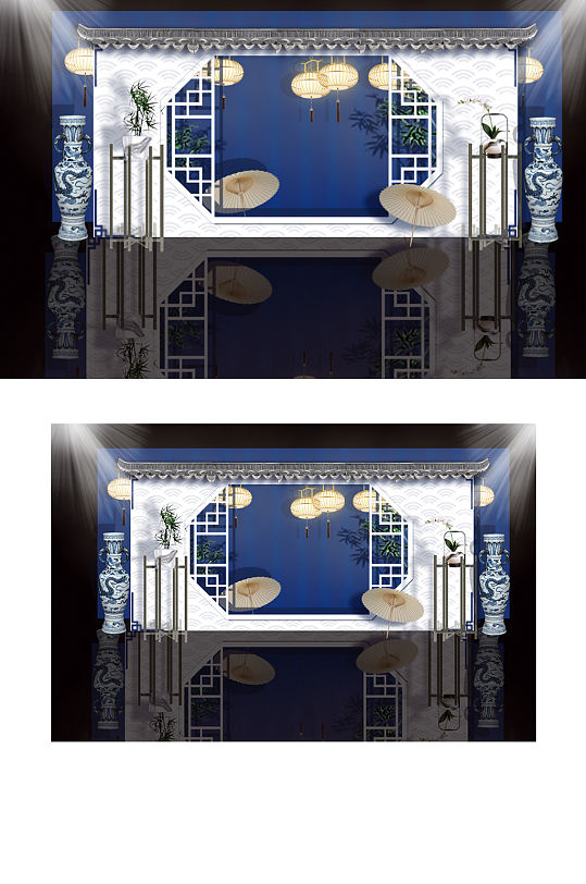 蓝色清凉中式婚礼中国风效果图背景板-众图网