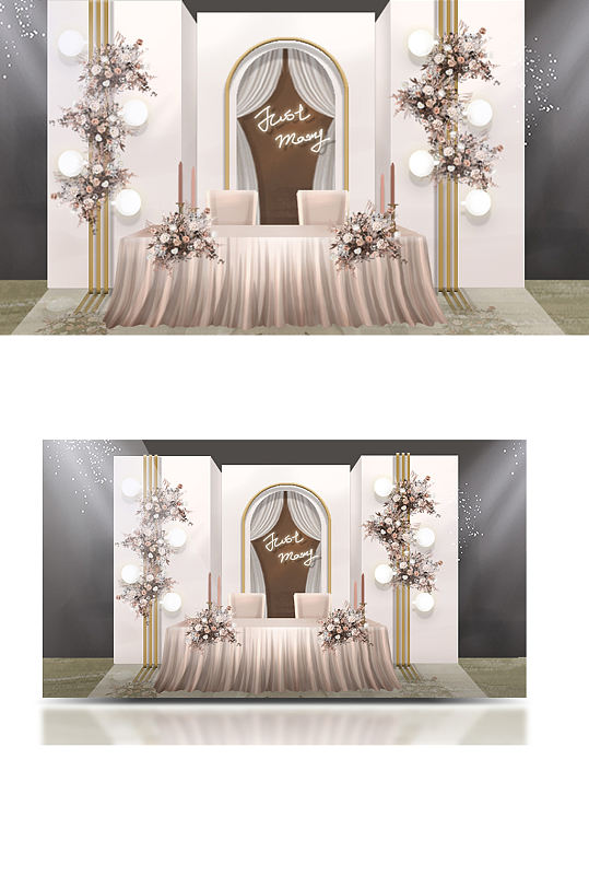 原创香槟色泰式室内婚礼手绘图签到桌浪漫-众图网