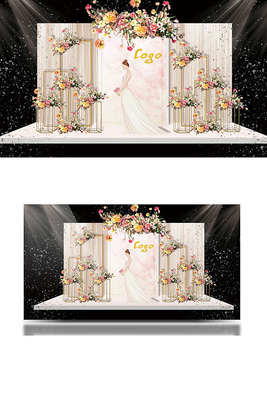 香槟迎宾婚礼效果图浪漫合影区背景板-众图网